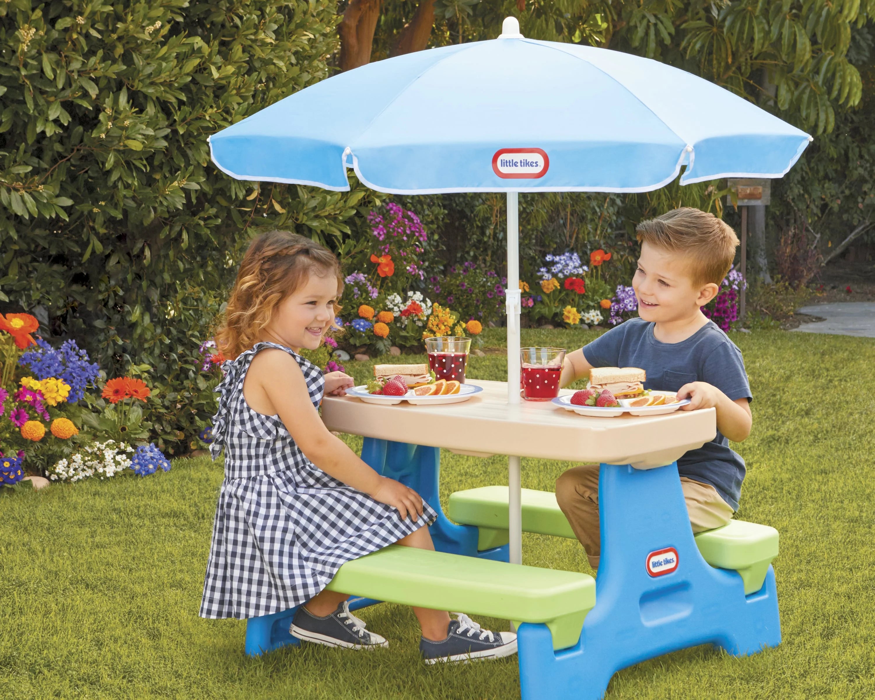 2026 Little Tikes Easy Store Kids Durable Picnic Table with Umbrella, Indoor Outdoor, Ages 2
