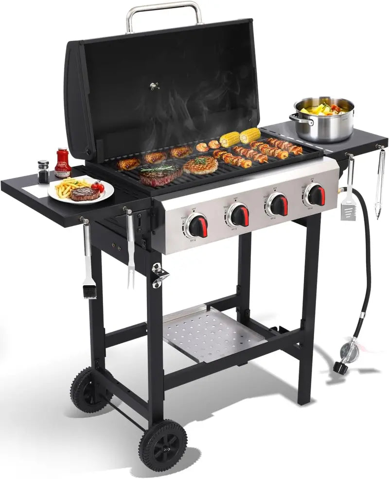 Portable Propane Grill with Fold-Out Side Table, Cast Iron Cooking Grate & Stainless Steel Skillet