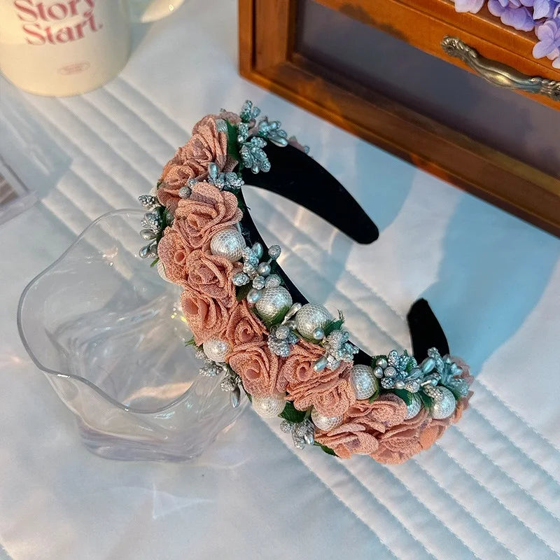 Baroque Pearl Rose Headband Luxury Fabric Flower Hair Band Wedding Party Accessory