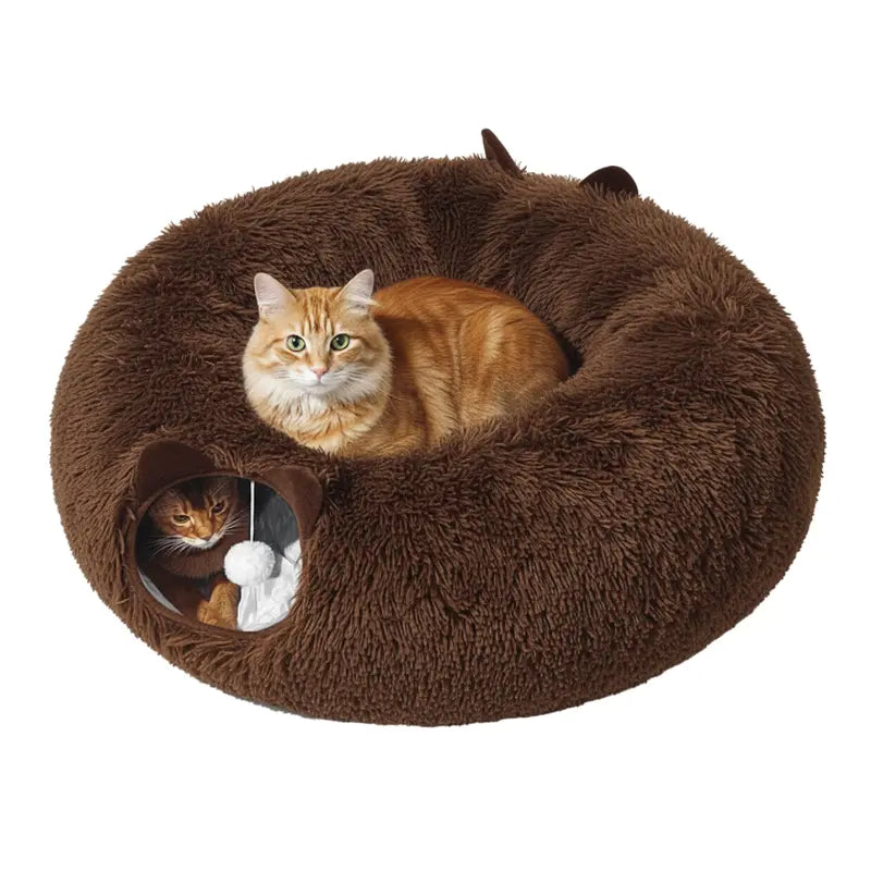 Plush Indoor Cat Tunnel with Peekaboo Windows and Integrated Sleeping Bed