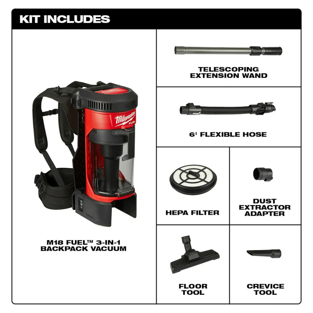 2026 Milwaukee 0885-20 M18 FUEL 3-in-1 Backpack Vacuum, Tool Only