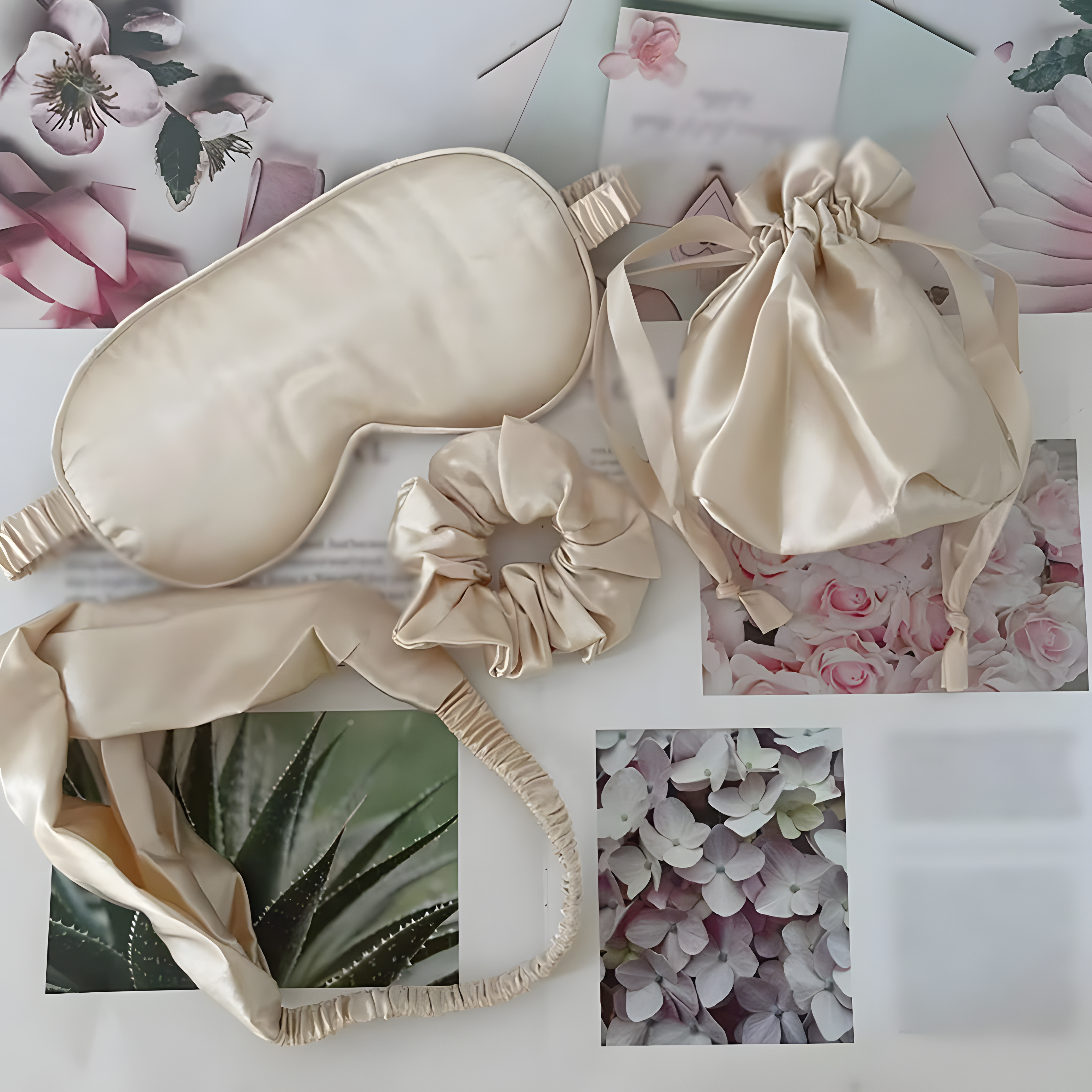 4-Piece Silk Sleep Set – Blackout Mask, Scrunchies & Headband – Beige