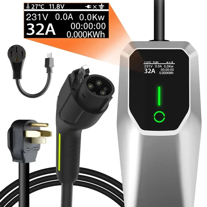 Portable 32-Amp EV Charger: NEMA 14-50 Plug, 26-Foot Cable, 7.68kW Level 1 & 2 Home Charging