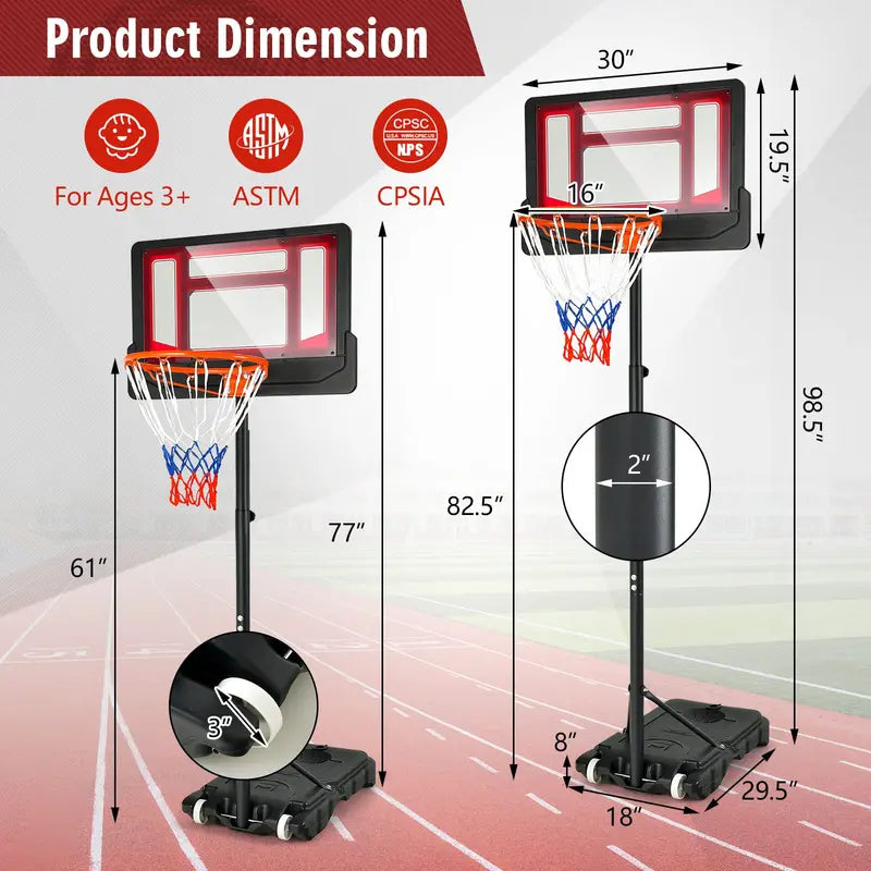 Portable Height-Adjustable Basketball Hoop (4.3 FT to 8.2 FT)