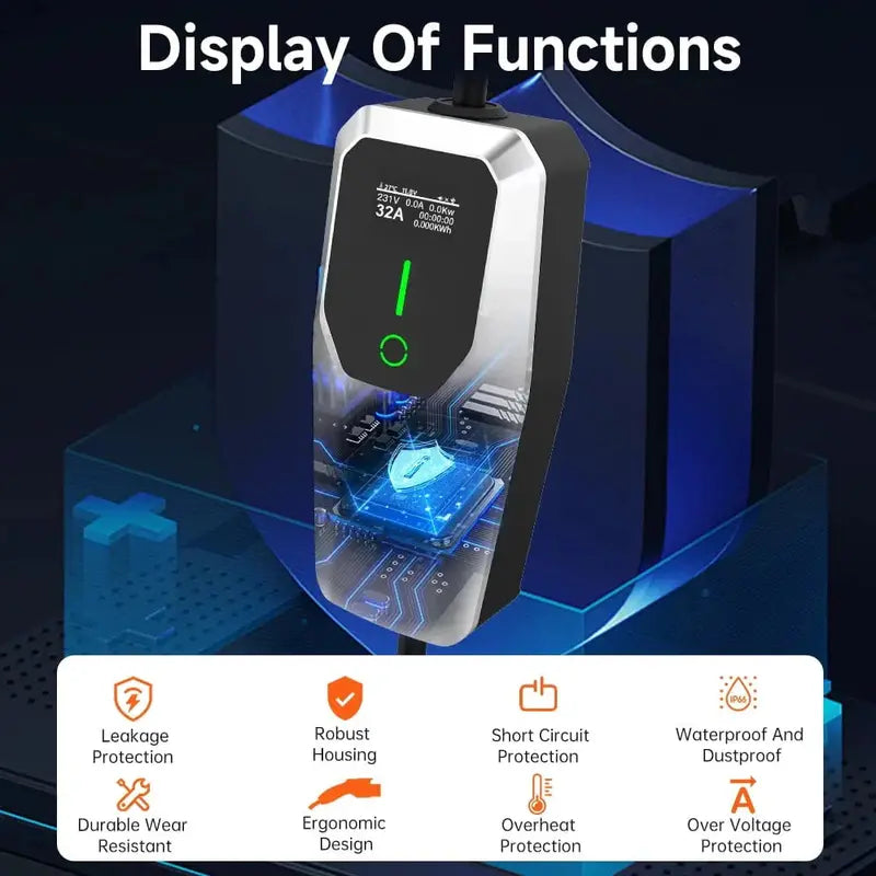 Portable 32-Amp EV Charger: NEMA 14-50 Plug, 26-Foot Cable, 7.68kW Level 1 & 2 Home Charging
