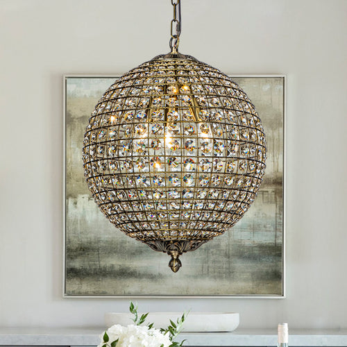 1-Light 12" Retro Antique Gold Crystal Globe Chandelier Small Sphere Pendant Light