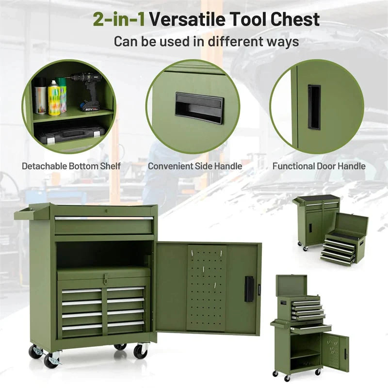 2 - in - 1 Rolling Tool Chest, 5-Drawer Tool Storage Cabinet with Wheels, Adjustable Shelf, Tool Box Organizer for Garage Warehouse Workshop