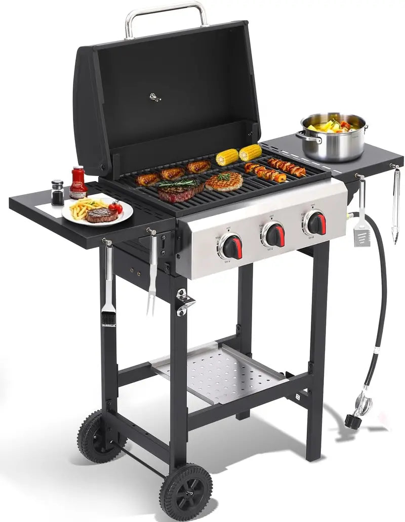 Portable 3-Burner Propane Gas Grill with Fold-Out Side Tables