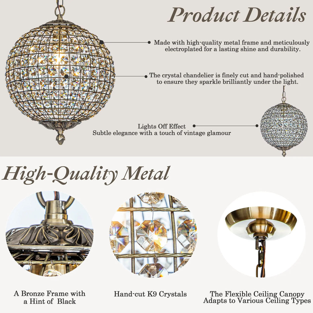 1-Light 12" Retro Antique Gold Crystal Globe Chandelier Small Sphere Pendant Light