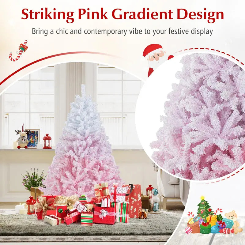 Pink and White Gradient Snow-Flocked Christmas Tree for Home or Office Holiday Decor