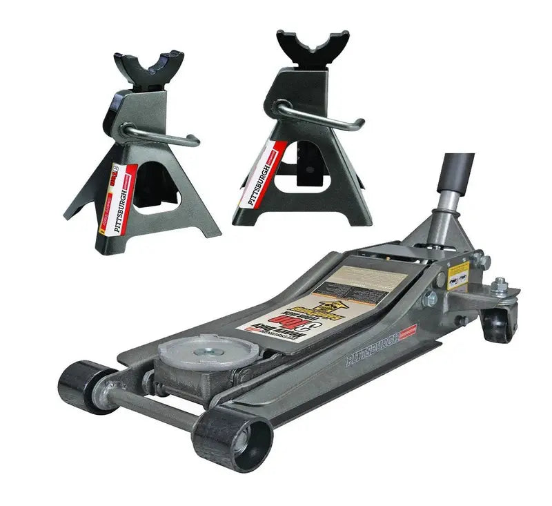 Pittsburg 3-Ton Low-Profile Floor Jack with Rapid-Pump Lift Matching Jack Stands Set