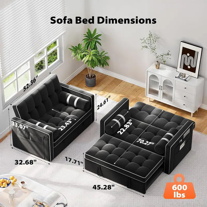 Pipishell 3-in-1 Convertible Sleeper Sofa with USB Ports, Velvet Upholstery & Adjustable Backrest
