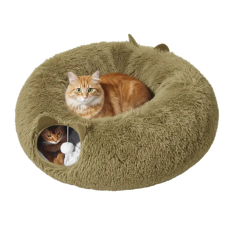 Plush Indoor Cat Tunnel with Peekaboo Windows and Integrated Sleeping Bed