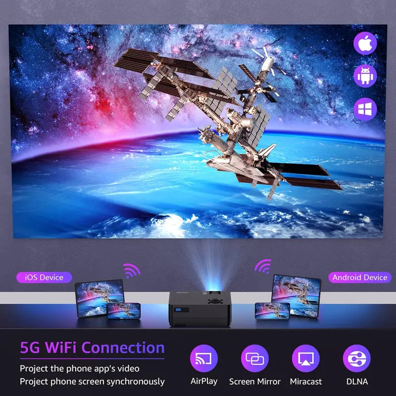 Portable 1080P Mini Projector with 5G WiFi, Bluetooth, and Included Projection Screen