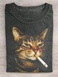 230g Washed Cat Print T-Shirt That Loves Smoking, High-Quality Wax Printed Cotton Retro Fashion Brand T-Shirt, Men's T-Shirt, Beach Must-Have, Men's Summer T-Shirt, Holiday Gift, Perfect Gift