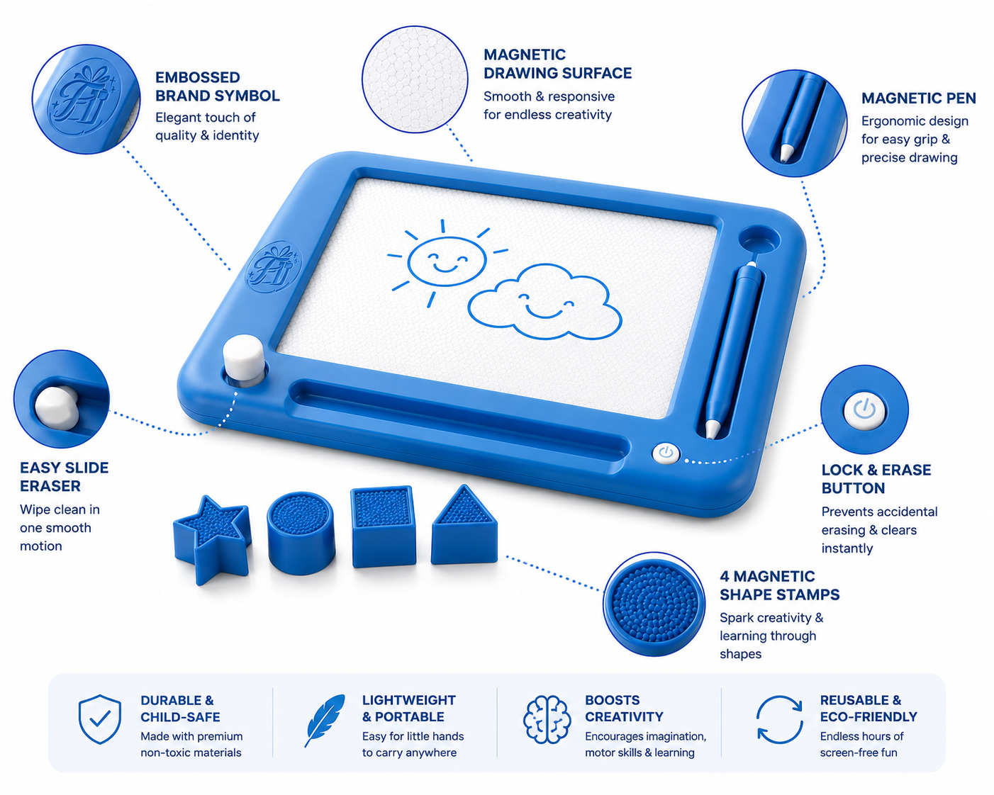Large Magnetic Drawing Board for Kids – 16 × 13 in Educational Doodle Pad (Blue)