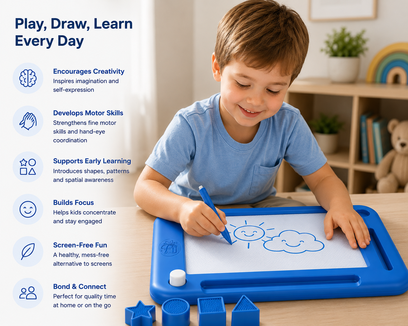 Large Magnetic Drawing Board for Kids – 16 × 13 in Educational Doodle Pad (Blue)