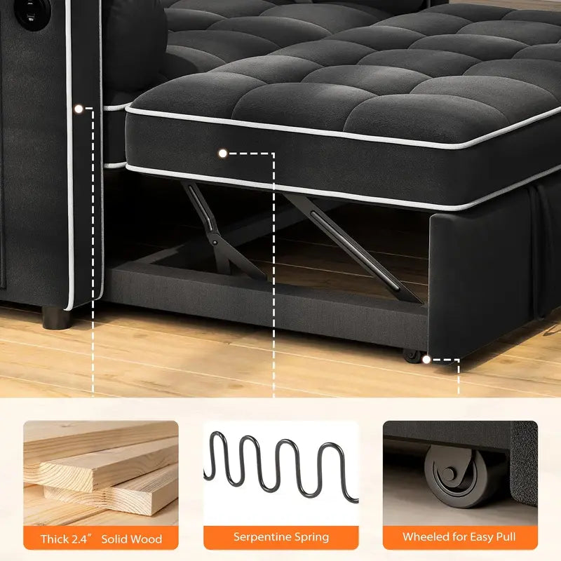 Pipishell 3-in-1 Convertible Sleeper Sofa with USB Ports, Velvet Upholstery & Adjustable Backrest