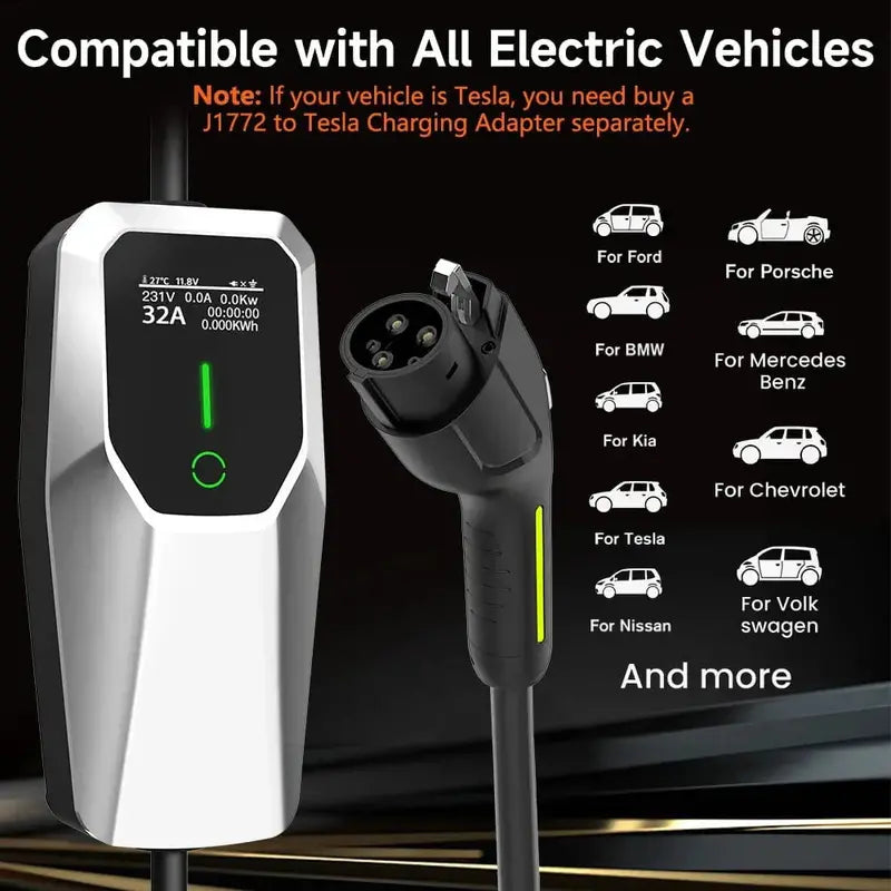 Portable 32-Amp EV Charger: NEMA 14-50 Plug, 26-Foot Cable, 7.68kW Level 1 & 2 Home Charging