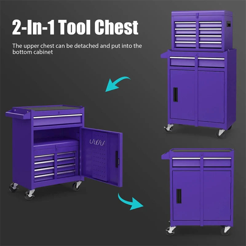 2 - in - 1 Rolling Tool Chest, 5-Drawer Tool Storage Cabinet with Wheels, Adjustable Shelf, Tool Box Organizer for Garage Warehouse Workshop