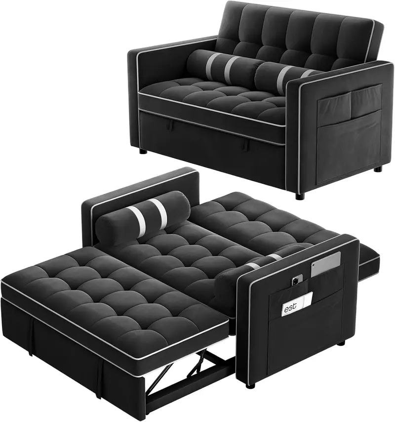 Pipishell 3-in-1 Convertible Sleeper Sofa with USB Ports, Velvet Upholstery & Adjustable Backrest
