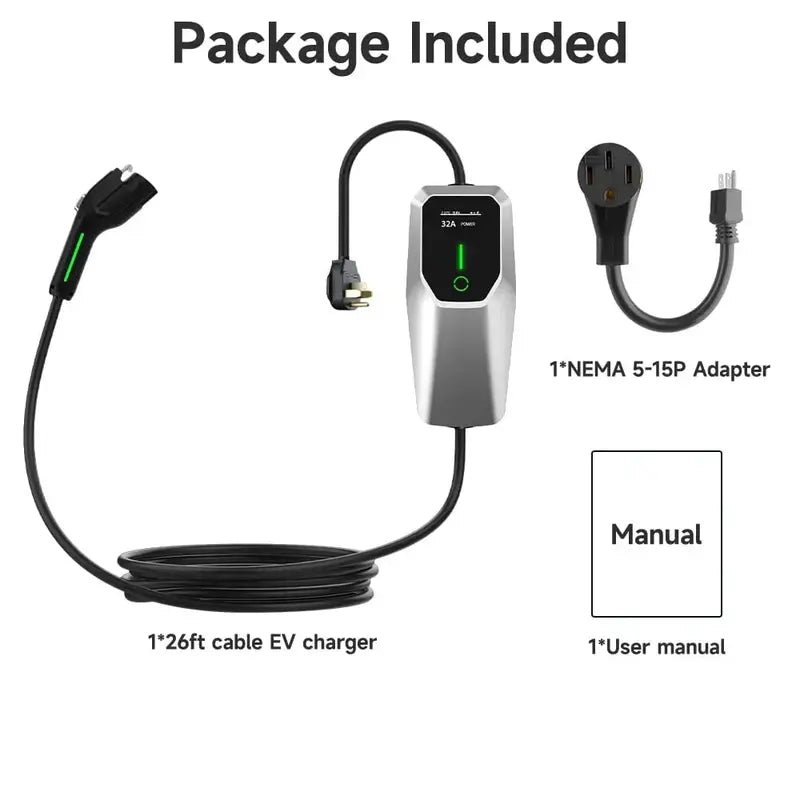 Portable 32-Amp EV Charger: NEMA 14-50 Plug, 26-Foot Cable, 7.68kW Level 1 & 2 Home Charging