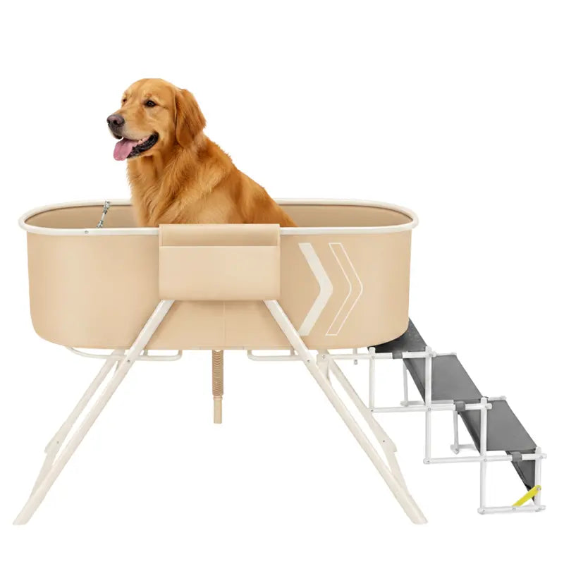 Portable Dog Bath Tub with Elevated Basin, Foldable Steps & Drain Hose