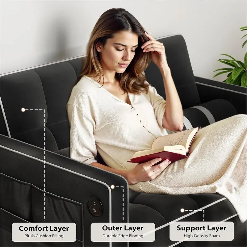 Pipishell 3-in-1 Convertible Sleeper Sofa with USB Ports, Velvet Upholstery & Adjustable Backrest