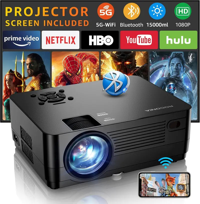 Portable 1080P Mini Projector with 5G WiFi, Bluetooth, and Included Projection Screen