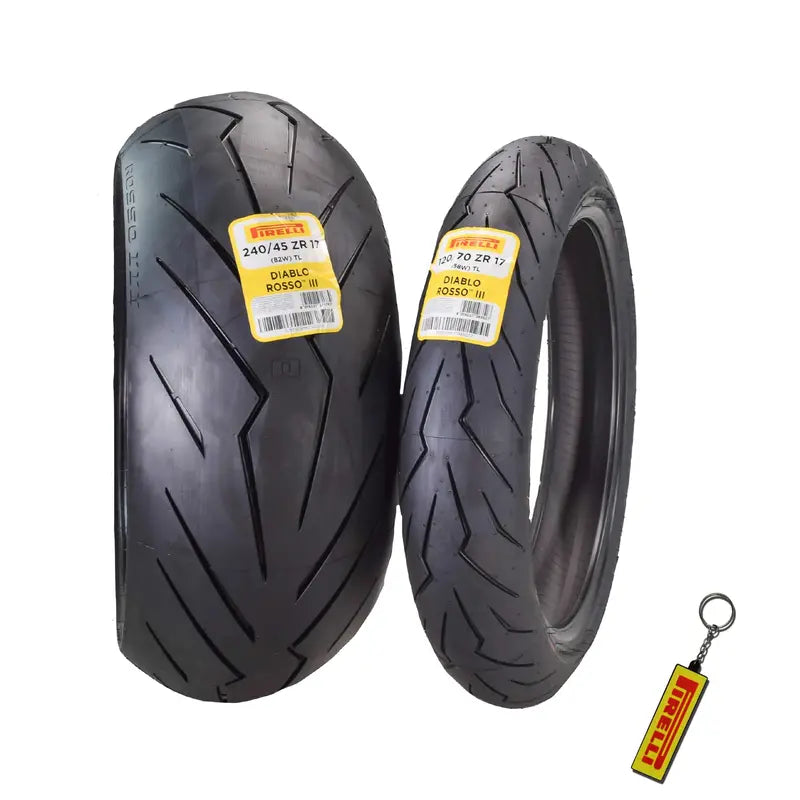 Pirelli Diablo Rosso III Dual-Tire Set: 120/70ZR17 Front & 240/45ZR17 Rear Motorcycle Tires with Bonus Keychain