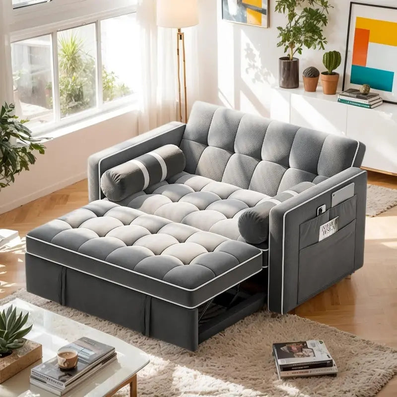 Pipishell 3-in-1 Convertible Sleeper Sofa with USB Ports, Velvet Upholstery & Adjustable Backrest