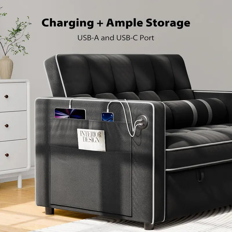 Pipishell 3-in-1 Convertible Sleeper Sofa with USB Ports, Velvet Upholstery & Adjustable Backrest