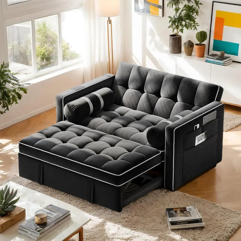 Pipishell 3-in-1 Convertible Sleeper Sofa with USB Ports, Velvet Upholstery & Adjustable Backrest