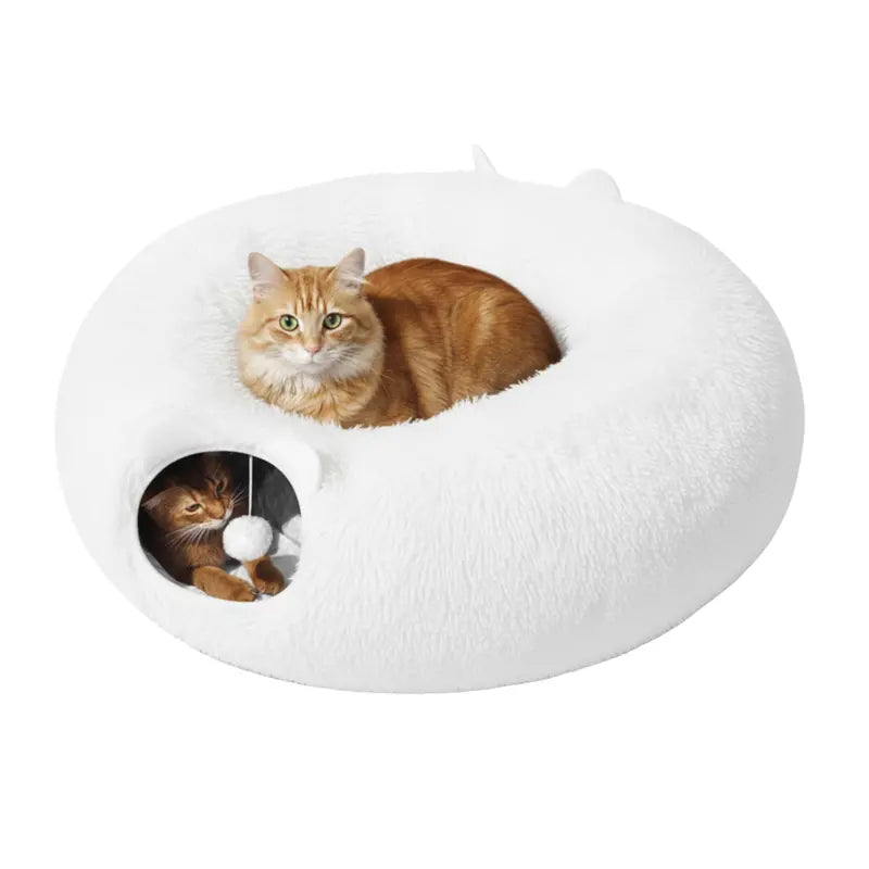 Plush Indoor Cat Tunnel with Peekaboo Windows and Integrated Sleeping Bed