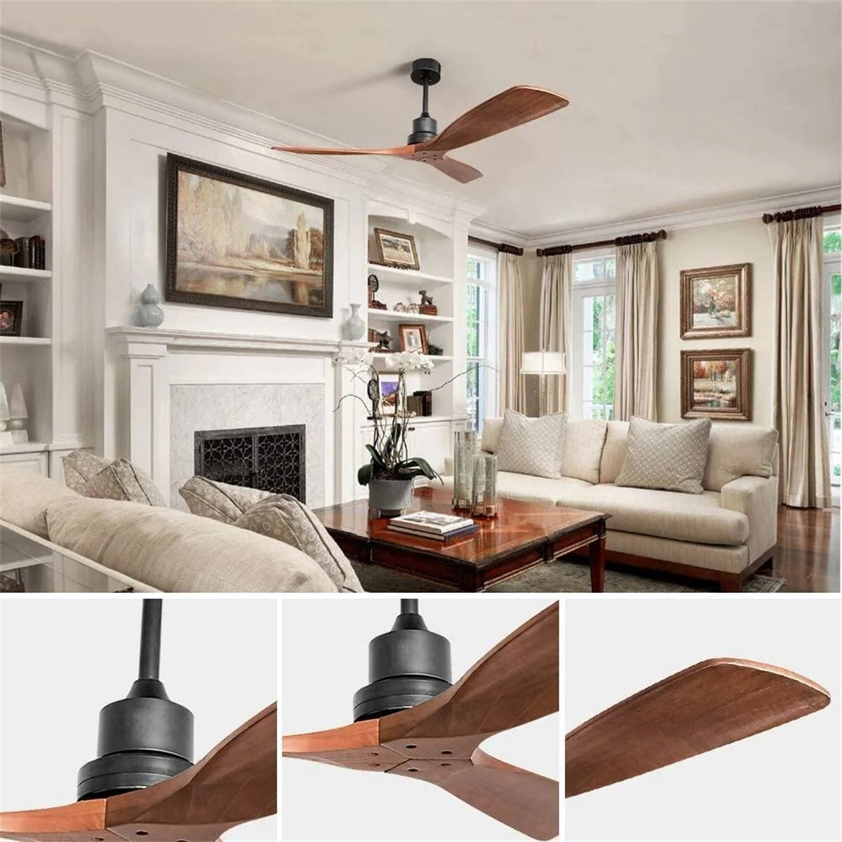 52" and 60" Noiseless Walnut Wood Ceiling Fan with Remote Control,Light Integrated Optional - 52 inch - 52" Ceiling Fan Without Light