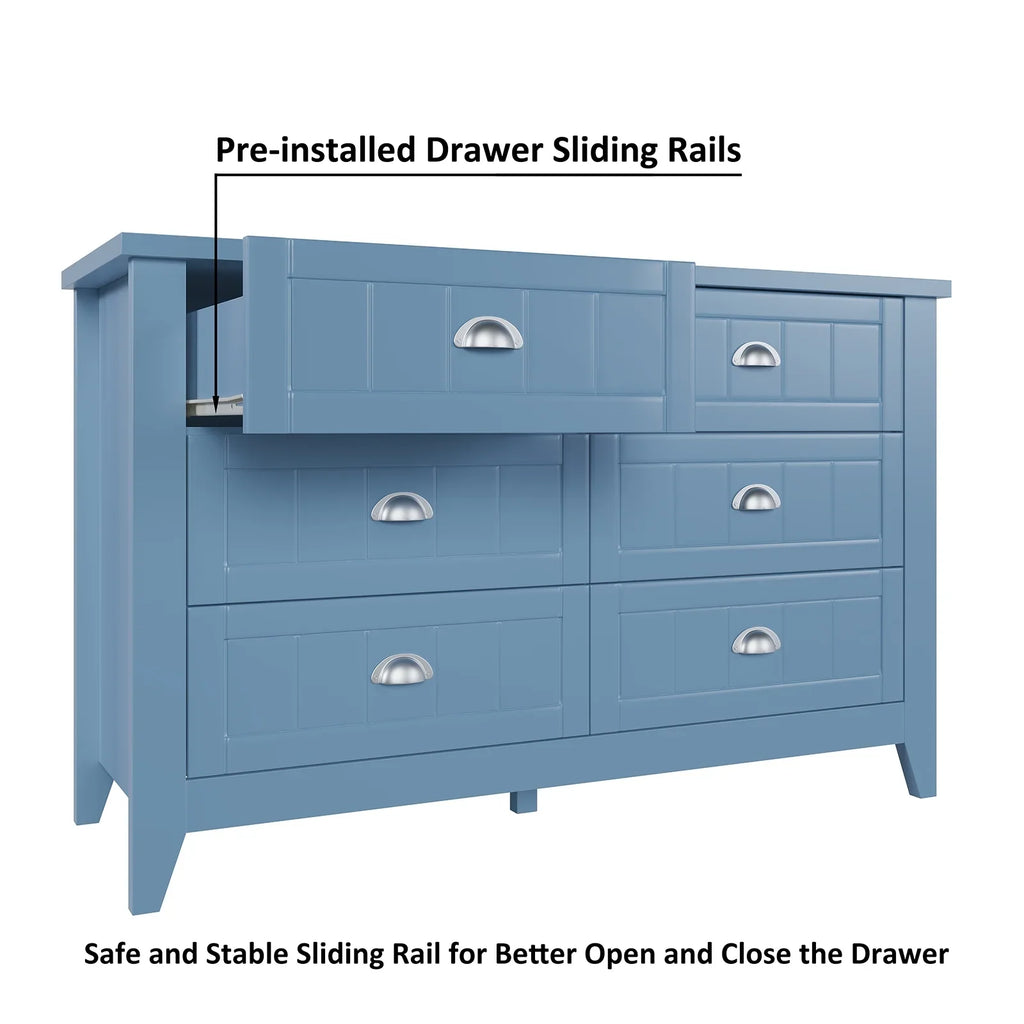 6 Drawer Dresser, Light Blue Elegant Chest of Drawers, Large Cabinet with Storage, Rustic Wood Chest of Drawers for Bedroom, Living Room, Hallway
