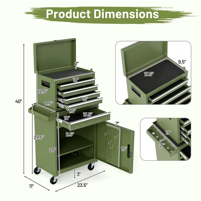 2 - in - 1 Rolling Tool Chest, 5-Drawer Tool Storage Cabinet with Wheels, Adjustable Shelf, Tool Box Organizer for Garage Warehouse Workshop