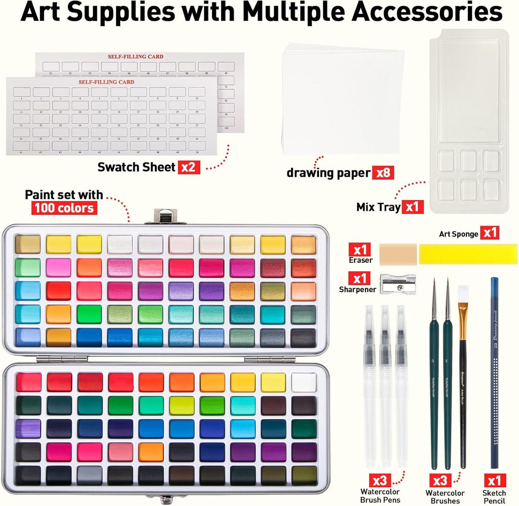 100-Color Watercolor Paint Set – Travel Kit with Brushes, Papers & Metallic Colors